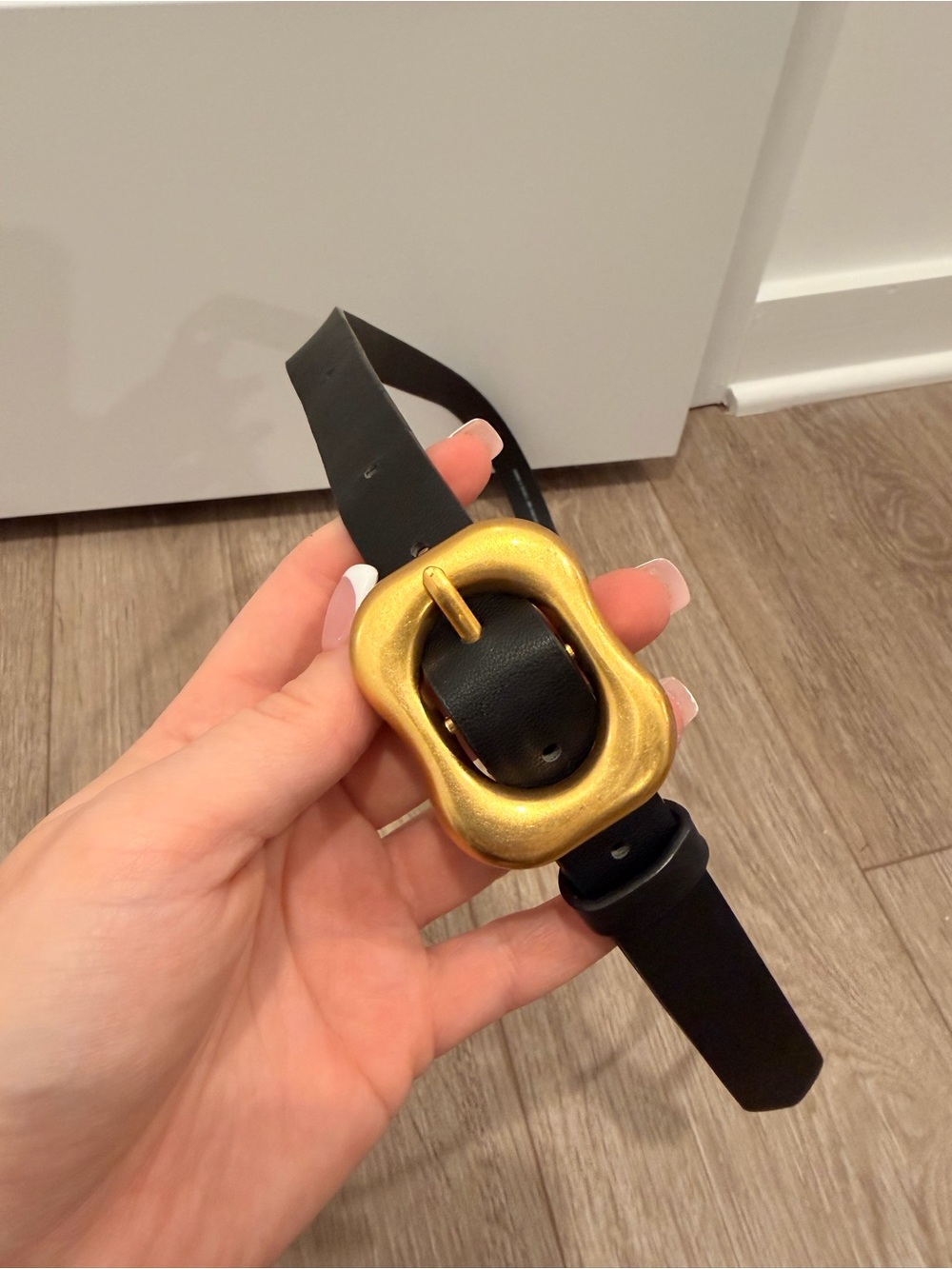 H&M Black Leather Belt with Gold Wavy Buckle
